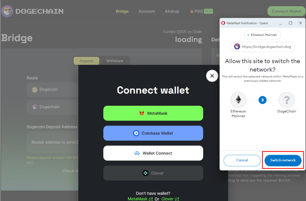 Allow Metamask To Switch To Dogechain