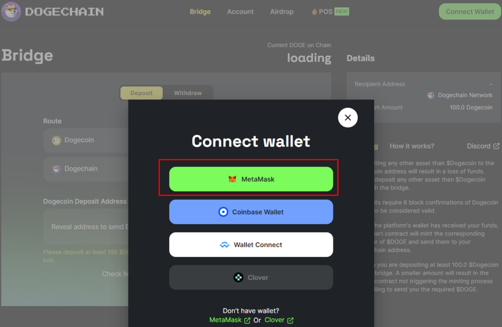 Choose Metamask To Connect To Dogechain