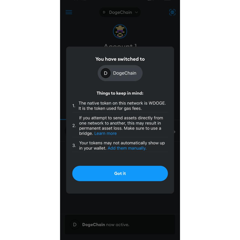 Notification That You Successfully Switched To Dogechain